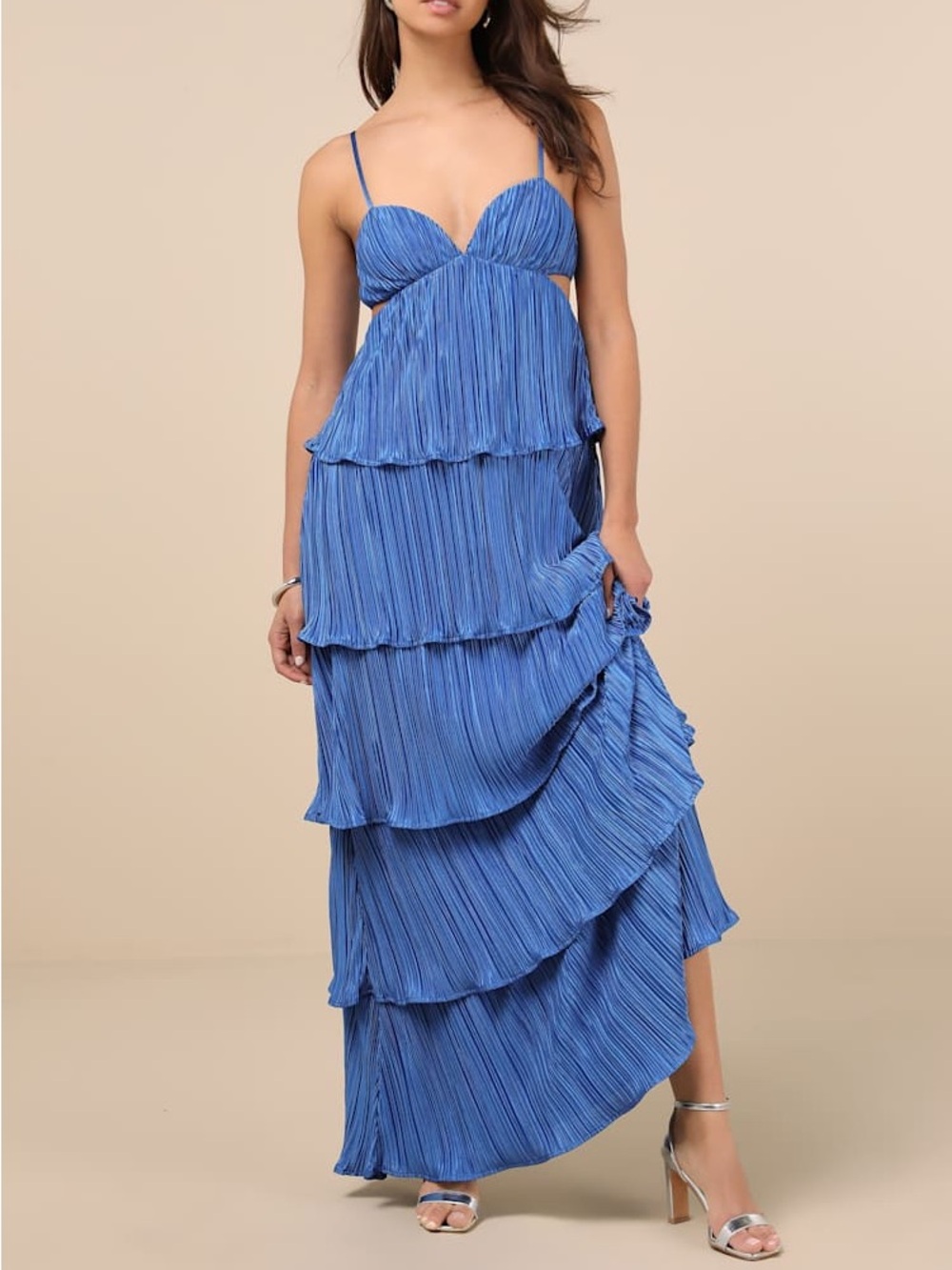 Lulus Kenya Blue Satin Plisse Tiered Maxi Dress with Cutouts Size S NWT
